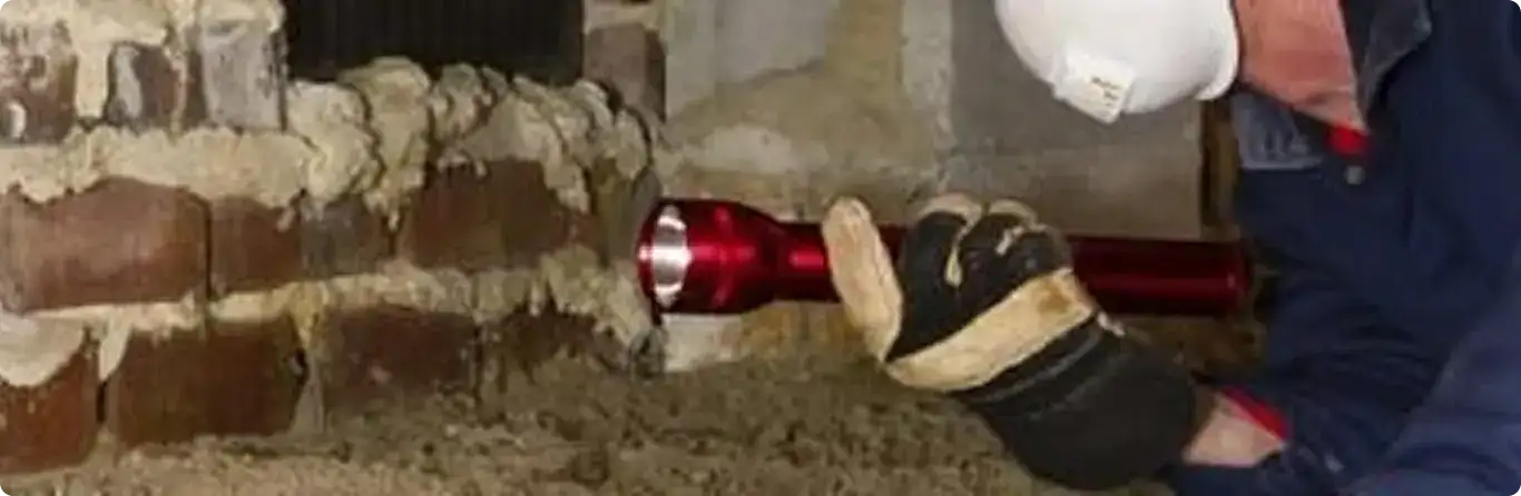 Pest control technician inspecting a crawl space for ant activity in Carlton, MN