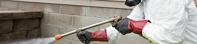 Pest control technician applying exterior insect treatment along a home foundation in Duluth, MN