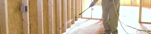 Termite treatment technician applying spray along framing and unfinished walls in Duluth, MN
